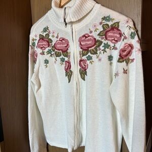 Vintage Tiara Turtleneck Cardigan Sweater - White with Pink Floral Embroidery